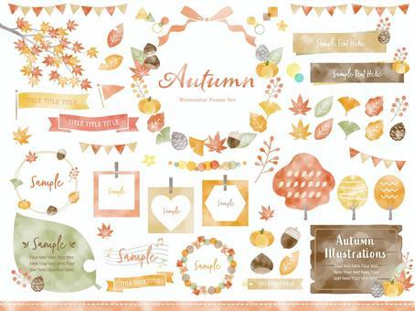 秋葉和自然水彩框架集, 框架, 秋天的顏色, 水彩, JPG, PNG 和 AI